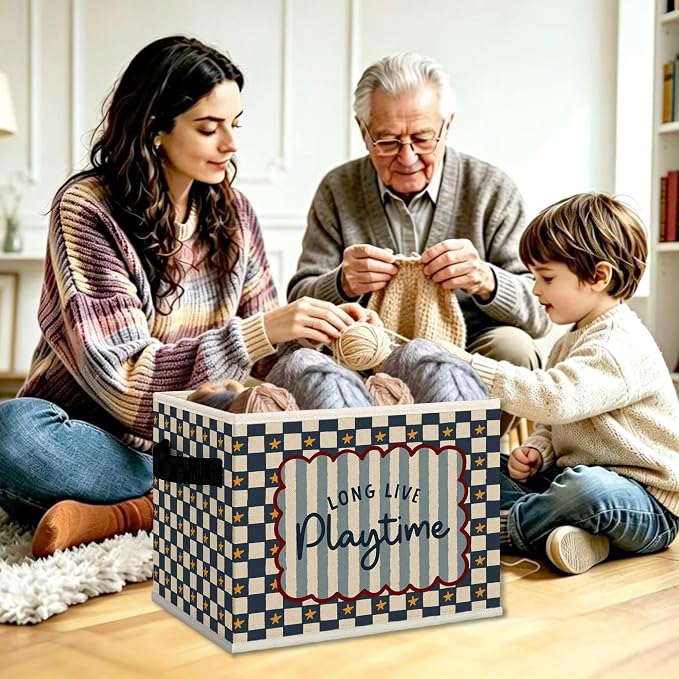 Kids Playroom Cube Storage Bins with Handles, Long Live Playtime Blue Checkered Collapsible Fabric Storage Basket Boxes Books Clothes Organizer for Kids Boys Bedroom Playroom Bathroom