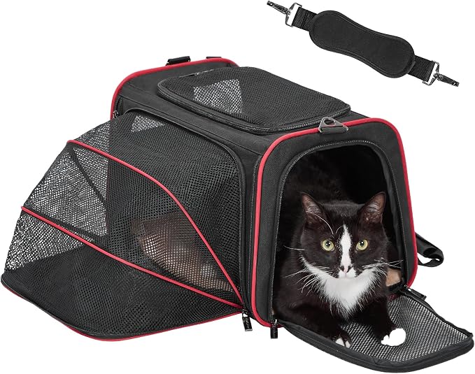 Petsfit Medium Expandable Cat Carrier for Air Travel, Up to 13 lb | 17 x 11 x 11 in; sized for Delta Air Lines, with locking zippers, a handy D-ring, large pocket and multi-side ventilation.