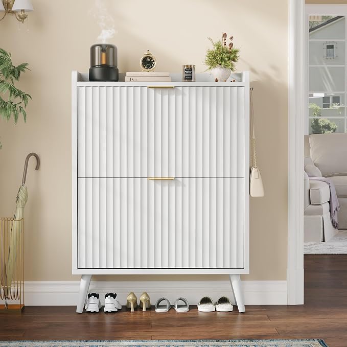 Shoe Storage Cabinet for Entryway with 2 Flip Drawers,Fluted Door | Shoe Organizer Cabinet with Adjustable & Removable Shelves,Narrow Shoe Cabinet for Foyer, Hallway, Living Room, 2 Hooks,White