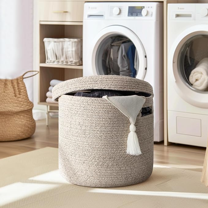 Storage Basket with Lid, Woven Blanket Storage for Living Room, Soft Cotton Rope Bin with Lid, Round Wicker Laundry Basket with Cover, Lidded Kids Dog Toy Bin, Nursery Organizer, 15" x 13"