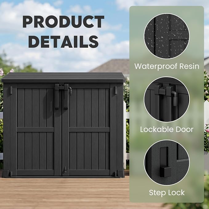 LHBcraft Waterproof Outdoor Storage Box 36 Cu Ft with Lockable Doors, Portable Horizontal Resin Storage Shed, Outdoor Storage Cabinet for Backyards