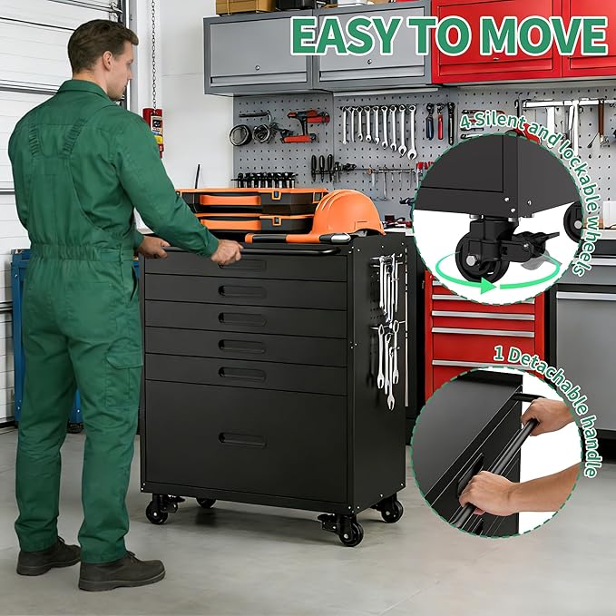 Garage Storage Cabinet,6 Drawer Metal Rolling Tool Cabinet with 2 Pegboard and 10 Hook,Heavy Duty Mechanics Tool Chest Storage for Workshop, Basement,Warehouse,Include Workbench Liner,Black