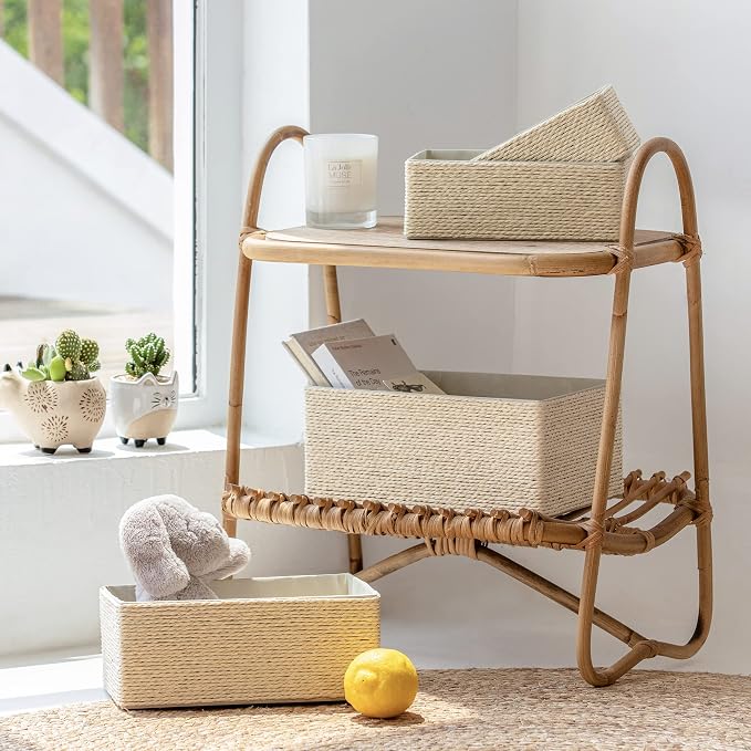 LA JOLIE MUSE Bathroom Basket Organizers, Paper Rope Storage, Beige 4 Pack