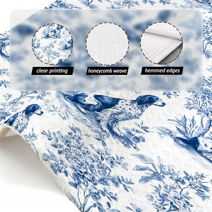 Brittany Spaniel Kitchen Dish Towels,Blue and White Floral Dog Towel Dish Tea Towels, Chinoiserie Decor for Kitchen Bathroom,Spaniel Gifts for Dog Lover Mom Dad,16x24 Inch
