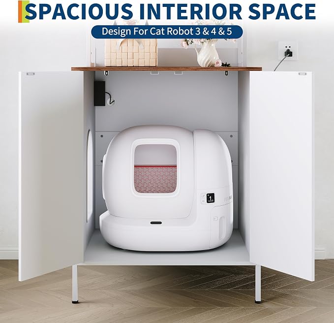 Self Cleaning Litter Box Enclosure Furniture with Shelf & Charge Station | 70" Farmhouse Cat Litter Box Robot Cabinet, Fit Automatic Litterbox Up to 26"×28"×31", Litter Cabinet for Robot 3/4/5 White