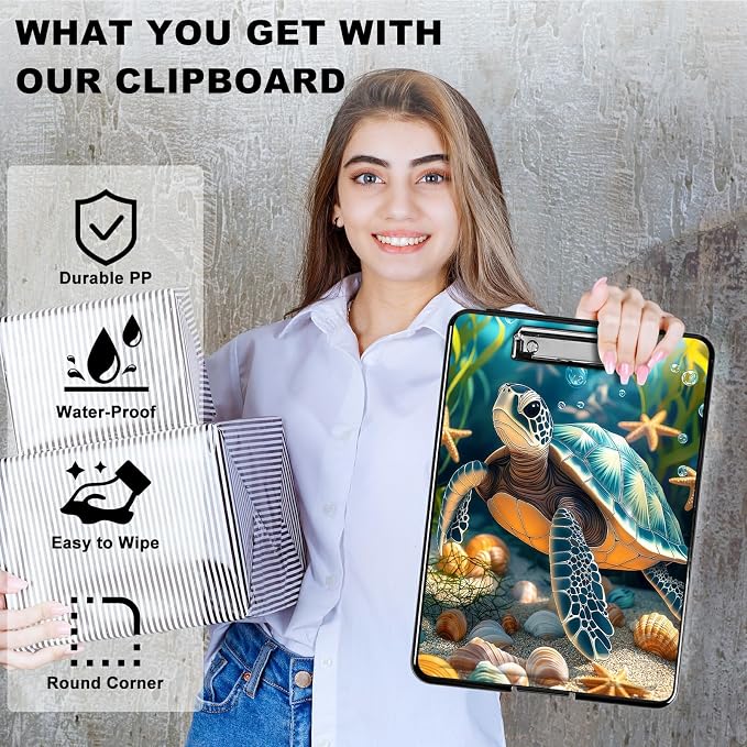 Heavy Duty Storage Clipboard, Slim Nursing Clipboard with Internal Pen Case, Portable File Organizer Case for A4 Letter Size Paper Office Medical Professionals, Sea Turtle Seaweed