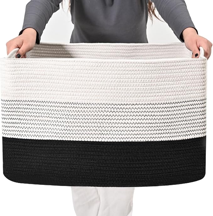 ICERZCZ Large Blanket Basket Living Room, Rectangle Toy Storage Basket, Large Baskets for Blankets, Woven Cotton Rope Baskets for Storage, Books, Shoes, Dirty Clothes, 22”x17”x12”, Gradient Black, 75L