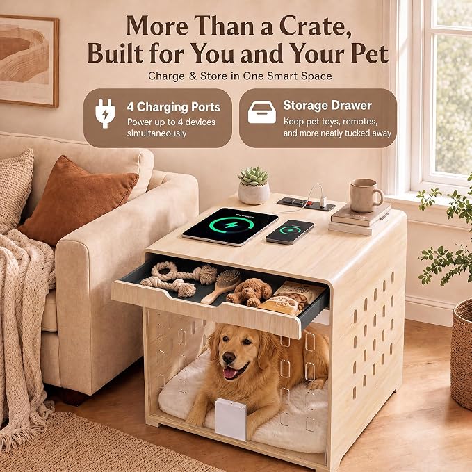Modern Dog Crate Furniture Wooden Kennel Charging Station End Table Oak | Nightstand, Dog Cage Indoor, up to 110 lb, Flip-Up Acrylic Door, Storage Drawer, for Large Medium Dogs, Living Room Bedroom