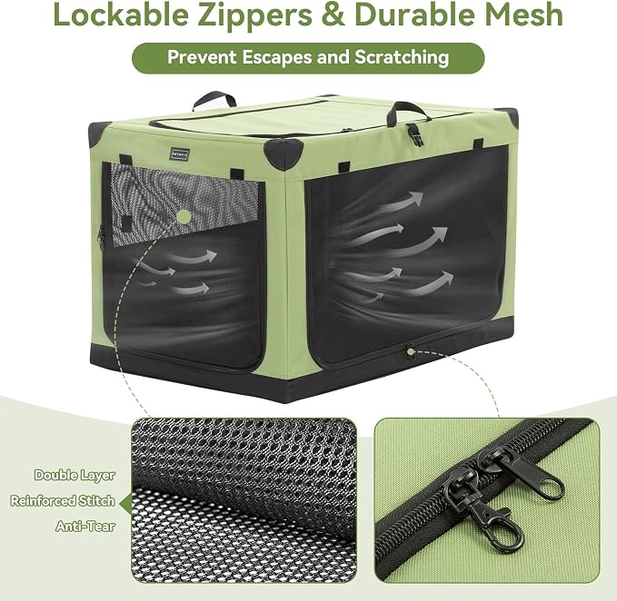 PETSFIT 36" Soft Portable Dog Crate – Patented Spiral Sturdy Frame, Collapsible Travel Kennel for Medium & Large Dogs, 3 Mesh Door, Lockable Zippers, Indoor & Car Use Green