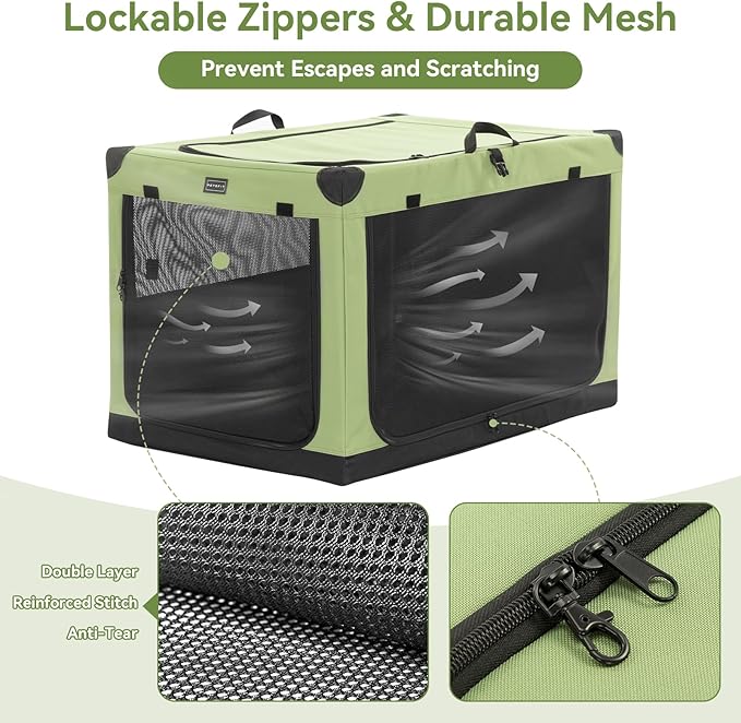 PETSFIT 40" Soft Portable Dog Crate – Patented Spiral Sturdy Frame, Collapsible Travel Kennel for Large Dogs, 3 Mesh Door, Lockable Zippers, Indoor & Car Use Green