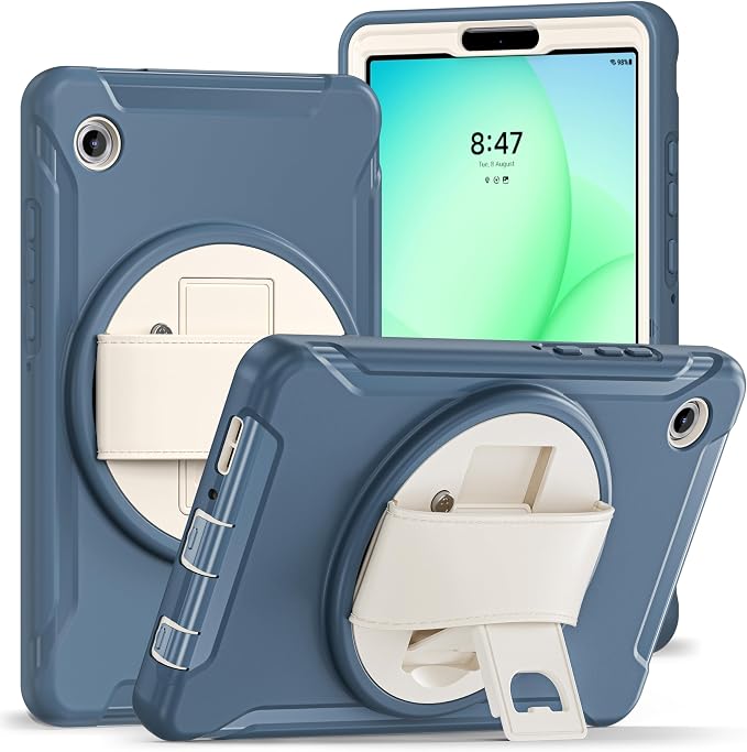 for Samsung Galaxy Tab A11 (2025) 8.7 inch Case 5G with Screen Protector, Hand Strap, Pen Holder & 360° Rotating Stand,Shockproof Protective Cover for SM-X130/X133/X135 (Deep Blue)