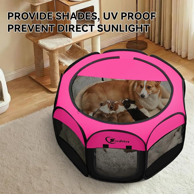 Siedihit Dog Playpen, Medium Puppy Pet Playpen, Dog Crate Tent Cage Indoor | Outdoor, Portable Pop Up Dogs Kennel Playpen with Carrying Case for Dogs/Cats/Rabbits, Hot Pink