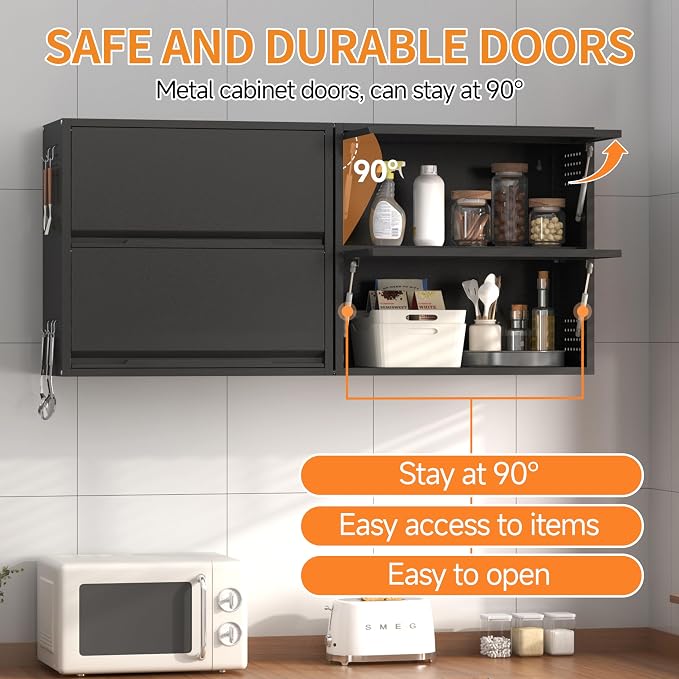 Metal Garage Wall Cabinet with Up-Flip Door, Black Float Tool Cabenit with 2 Doors,Upper Storage Cabinets with Pegboard for Kitchen,Garage,Workshop,Warehouse (25.6" H,Black)