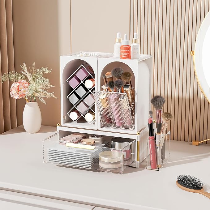 FOLLOWIN Compact Makeup Organizer Set, Makeup Brush Organizer | Lipstick Holder with Grid, Flip Drawer, 2 Ways to Arrange, Milk White Bathroom Counter Organizer, Store Lipsticks, Brushes