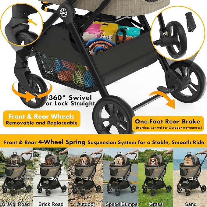 PAWZIDEA Pet Stroller 4-in-1, Foldable Dog Stroller with Detachable Carrier | Escape-Proof No-Zip Canopy, Portable Travel Crate & Car Seat Combo, for Small to Medium Dogs & Cats up 33 lbs, Storage Basket