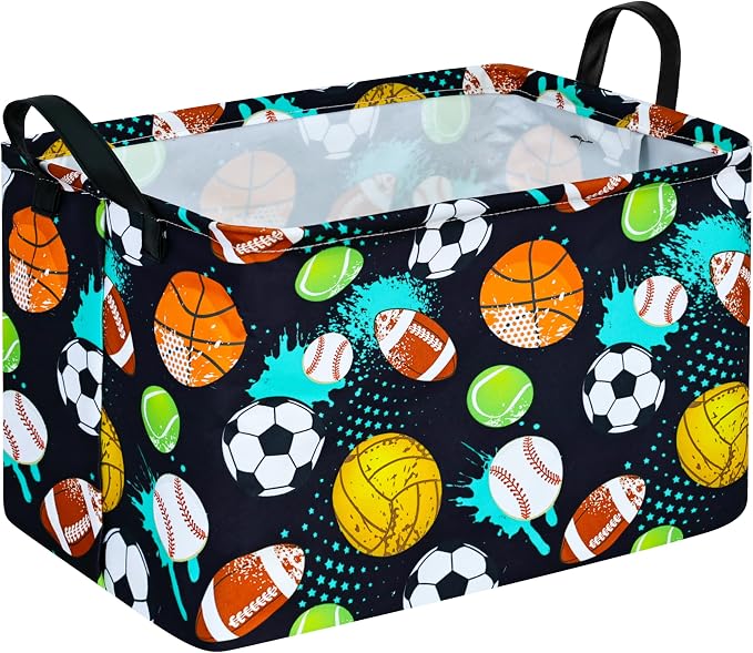Kid Clothes Storage Basket Gift Shelf Basket Toy Storage Bin, Nursery Basket Organizer Box for With Handles for Room Deco Football Basketball Pattern
