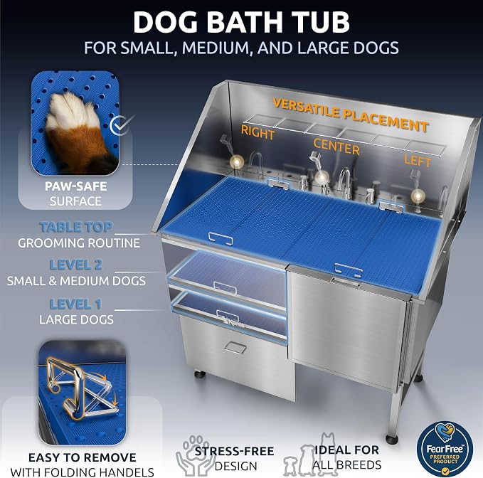 Professional Dog Washing Station 304 Stainless Steel Pet Wash Sink | Grooming Bathtub w/Shower, Floor Grates and Storage for Large, Medium & Small Pets