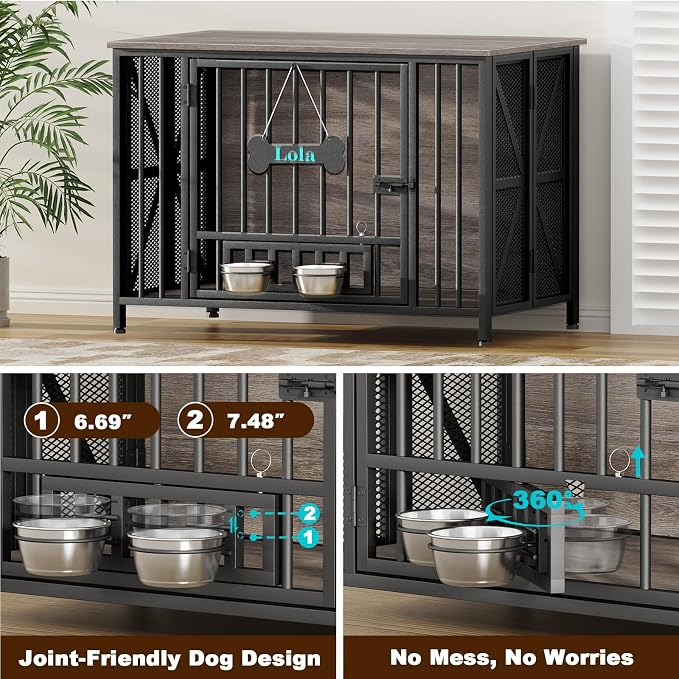 EasyCom Foldable Dog Crate Furniture, 41.3" Dog Crates for Medium/Large Dogs, Wooden Dog Kennel Indoor with Tag & Adjustable Bowls, Dog Cage Use as End Table/TV Stand, Oak Grey | Foldable Large Dog Crate Furniture for Large Dogs, Wooden Dog Cage Use as...