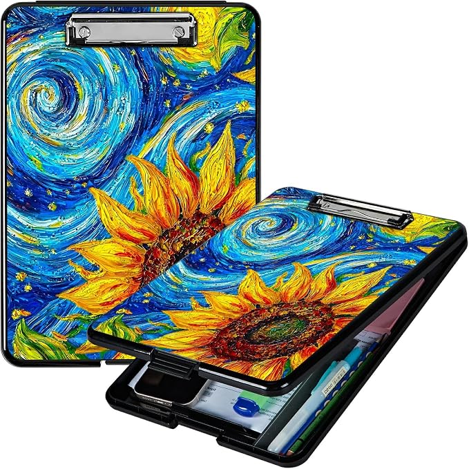 Starry Sunflower A4 Clipboard with Storage Pen Holder, Clipboards Organizer Nursing Clipboard Foldable File Folder Plastic Clipboard Folio Clip Board for Office Students Classroom Doctor