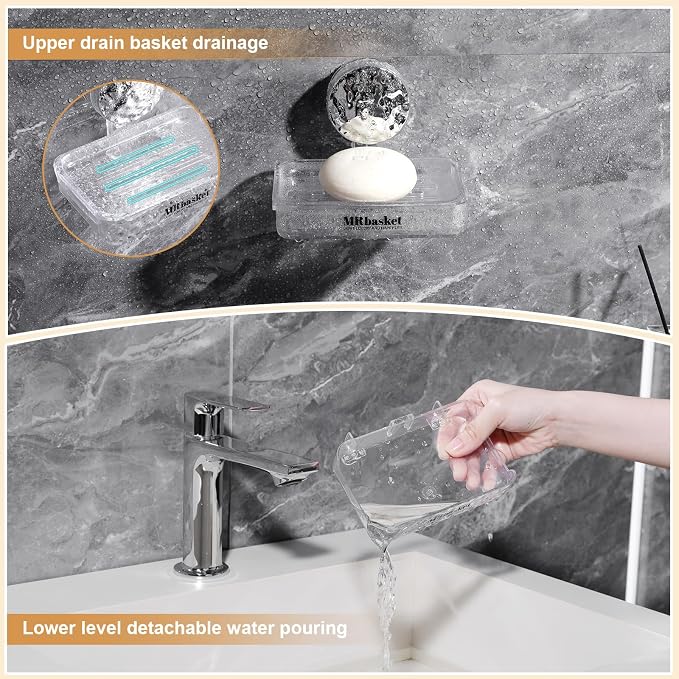 Soap Dish Holder Suction Cup, Wall Mounted Self Draining Soap Case & Sponge Rack, No Drilling Suction Bar Soap Holder for Bathroom, Kitchen Sink