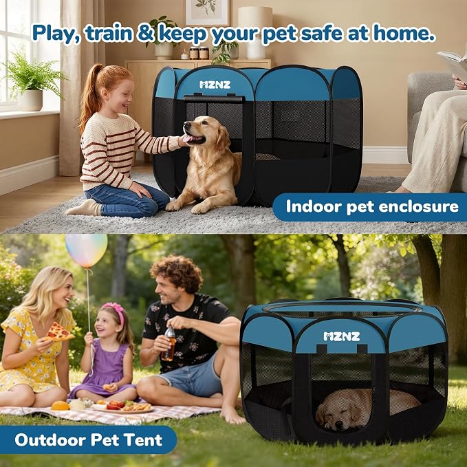 Dog Cat Small Animal Puppy Playpen Crate, Large, Blue Black | Portable Pop Up Pet Cage Enclosure Tent Kennel Indoor Outdoor with Carrying Case, No Assembly, Camping Use
