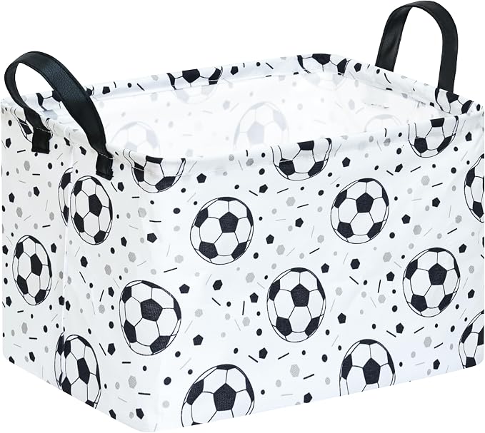 Kids Storage Basket with Soccer Print, 14.5" x 10.2" x 9.1", Waterproof with Leather Handles, Collapsible Rectangular Bin for Boys Sports Gear, Toys & Laundry