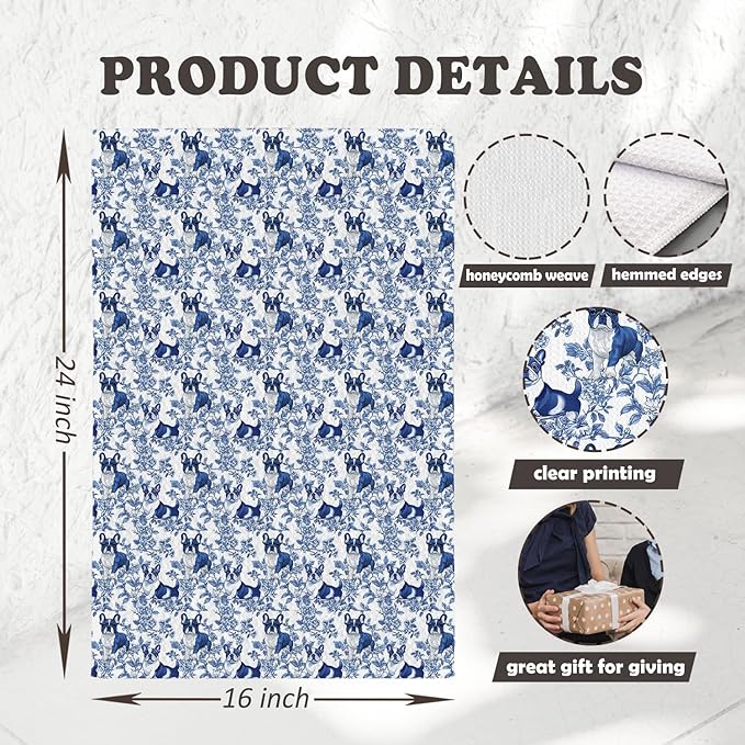 Chicimln Chinoiserie Boston Terrier Kitchen Towels, Boston Terrier Gifts Decorative Hand Towels for Bathroom, Blue and White Dog Dish Tea Towel Drying Cloth for Kitchen Decor, 16x24 Inch