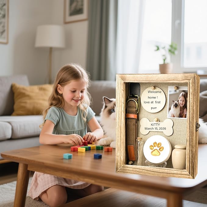 Pet Memorial Shadow Box 8x10 Solid Wood Brown Urn Ashes Display Case with Paw Print Kit Dog Memorial Keepsake Gift for Loss of Pet