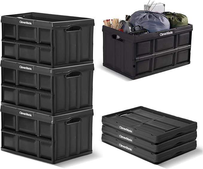 CleverMade Collapsible Storage Bin, No Lid, 16 Gal, Obsidian, 3 Pack | Haul Bulk Groceries and Oversized Gear in Fewer Trips | Each Bin Holds 100 lb, Stacks Securely, and Folds to 2.75 Inches