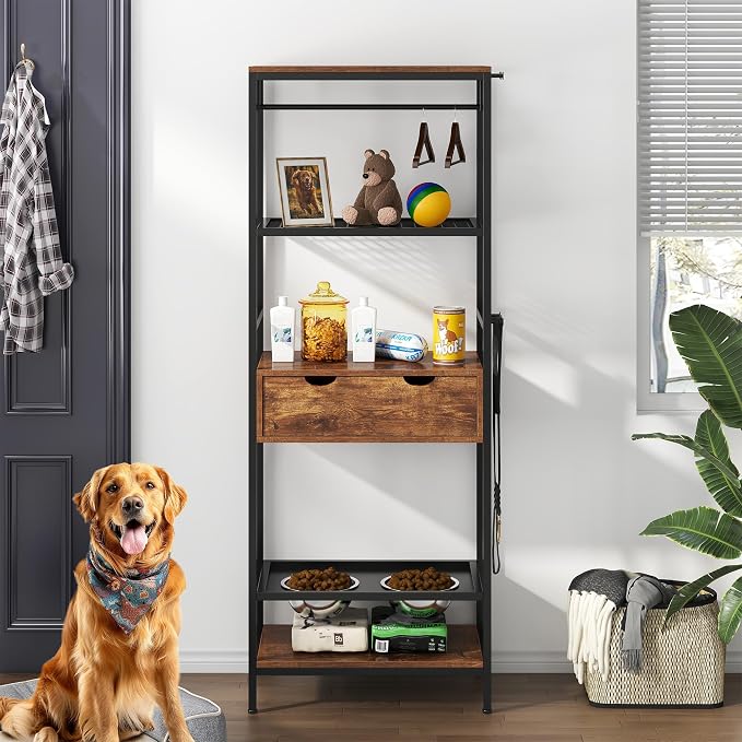 Dog Feeding Station with 3 Height Adjustable Raised Bowls,Heavy Duty Elevated Dog Feeder for Large/Medium Dogs & Cats, Non-Slip Design, Easy to Clean Pet Food Storage with Shelves (Black+Vintage)