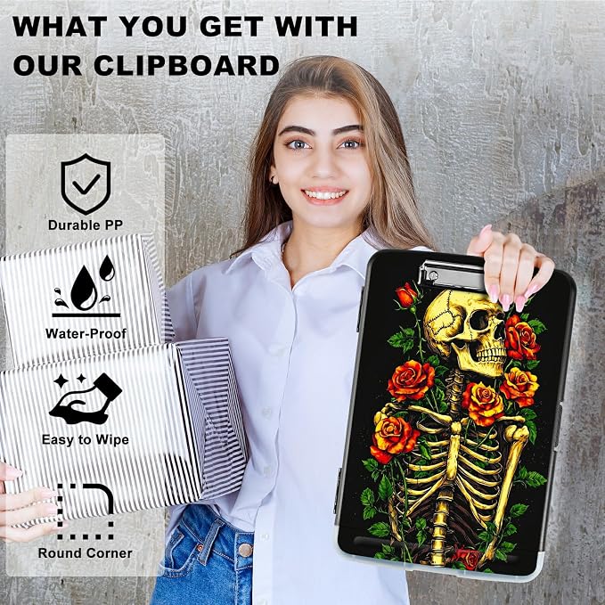 Skull Red Rose A4 Clipboard with Storage Pen Holder, Clipboards Organizer Nursing Clipboard Foldable File Folder Plastic Clipboard Folio Clip Board for Office Students Classroom Doctor
