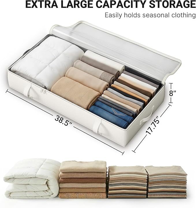 2-Pack Under Bed Storage Containers, 8 Inches Tall Clothes Storage, Beige | Large Capacity Collapsible Underbed Organizer with Sturdy Sidewalls/Bottom, Cotton Linen Bins, For Seasonal Clothes & Bedding
