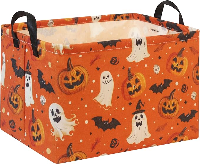 Rectangular Halloween Basket for Boys and Girls Kids Trick or Treat Pumpkin Basket for Halloween Parties Cute Storage Bin Organizer Box Room Decor(Yellow Pumpkin Ghost)