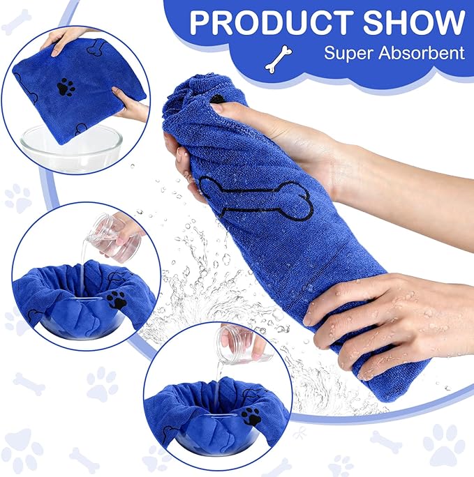 Chumia 8 Pcs Dog Towels for Drying Dogs Cats Pet Towels Bulk Puppy Microfiber Fast Drying Paw Bath Bathing Supplies Absorbent for Medium Pets(40 x 24 Inch,Dog Paw and Bone,Dark Blue)