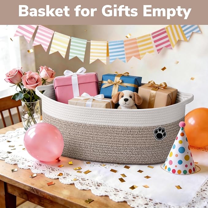 30L Large Woven Rope Dog Toy Basket with Paw Print, Mixed Brown | 19.7" x 11" x 7.9" Dog Toy Bin & Box with Handles, Storage Basket for Blankets Towels, Fits Living Room Nursery Bedroom