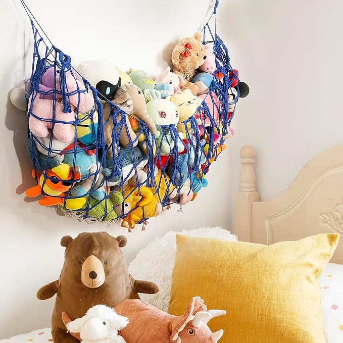 Amdermi Large Stuffed Animal Storage Net or Hammock for Wall Mounted Macrame Stuffed Animal Display For Boho Nursery Baby Boy Playroom Toy Organizers Pet Net-Blue
