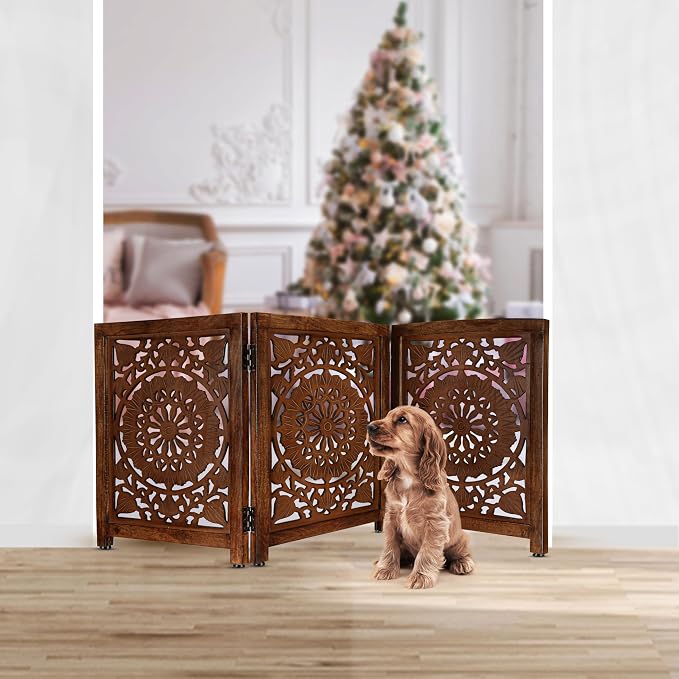 Lightnpro 3‑Panel Wooden Pet Gate – Decorative Carved Foldable Dog Gate, Extra‑Wide Freestanding Indoor Safety Fence for Small Dogs – 24x54 Inch Natural Burnt Finish