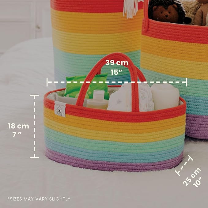 OrganiHaus Rainbow Rope Diaper Caddy Organizer, Nursery Basket | Woven handles; a toy bin, laundry bin, or newborn essentials storage; great for car, baby shower gifts, or bedroom decor