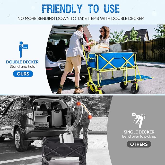 Old Bahama Bay 400L Collapsible Double Decker Beach Wagon with Brakes, Folding Beach Cart with 54" Extra Long Decker, 450LBS Heavy Duty Wagon Chart with All-Terrain Big Wheels for Sand Camping Garden