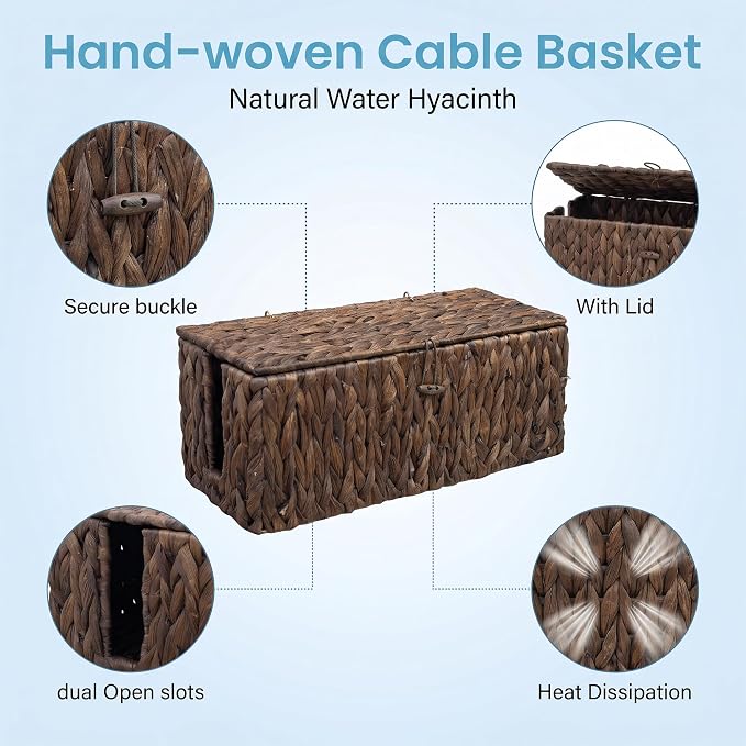 efluky 2 Pack Water Hyacinth Floor Cord Covers with Lid, Hand-Woven Cable Management Box, 2 Open Slots Cord Box to to Hide USB Wire, Power Strip & Charger for Home & Office and Dorm, Brown