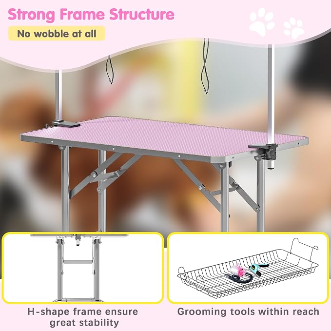 42'' Stainless Steel Pet Dog Grooming Table, Arm/Noose/Tray, Pink | Foldable Dog Grooming Table for Dogs at Home, Adjustable Height Arm, Non-Slip Waterproof Tabletop, Capacity 330Lb