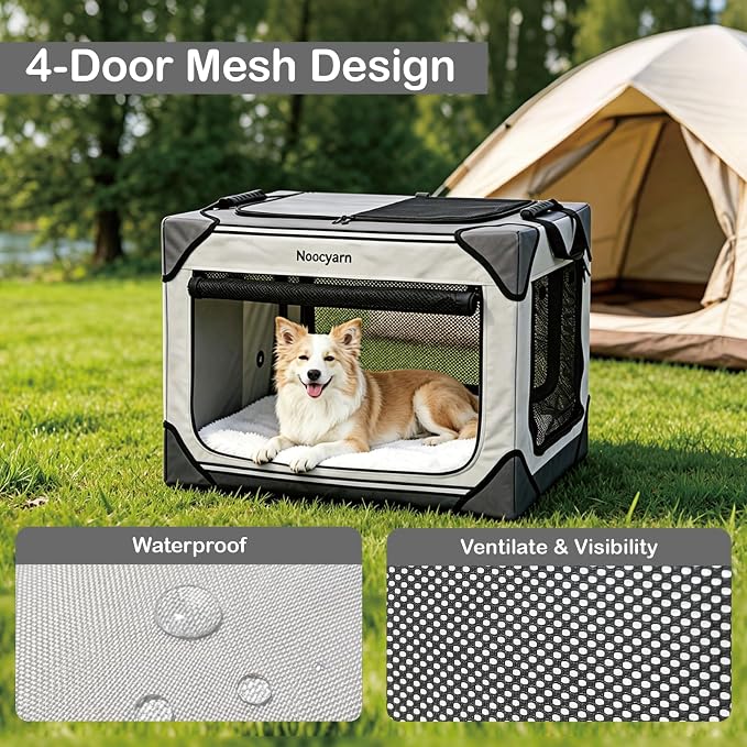 Collapsible Soft Dog Crate 26 Inch, Portable Travel Pet Crate for Small Dogs and Cats with 4-Door Mesh, Puppy Dog Kennel Indoor & Outdoor, Light Grey