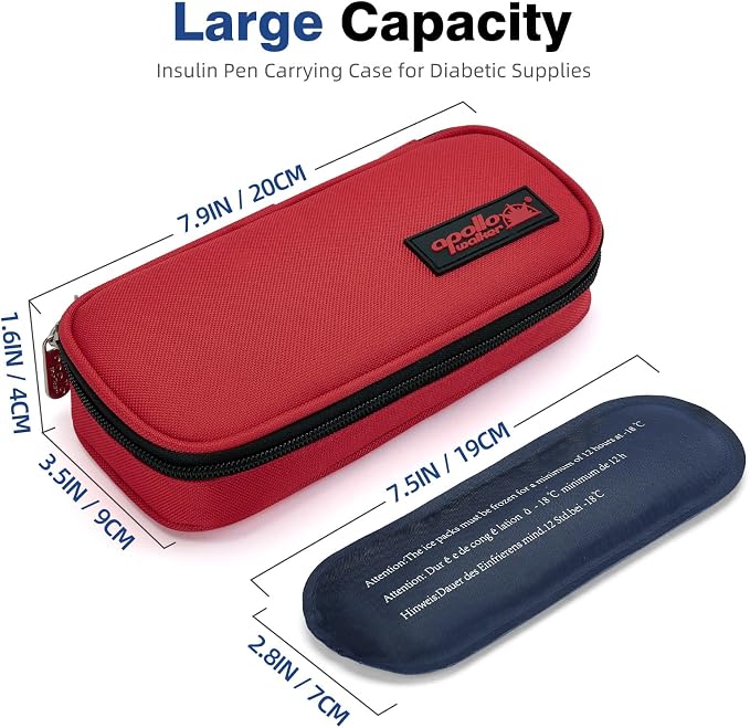 apollo walker Insulin Cooler Travel Case with Ice Packs and Insulation | TSA Approved Includes 2 x 90g ice packs for 9-hour cooling insulin pens & syringes for Diabetics to Carry (Red)