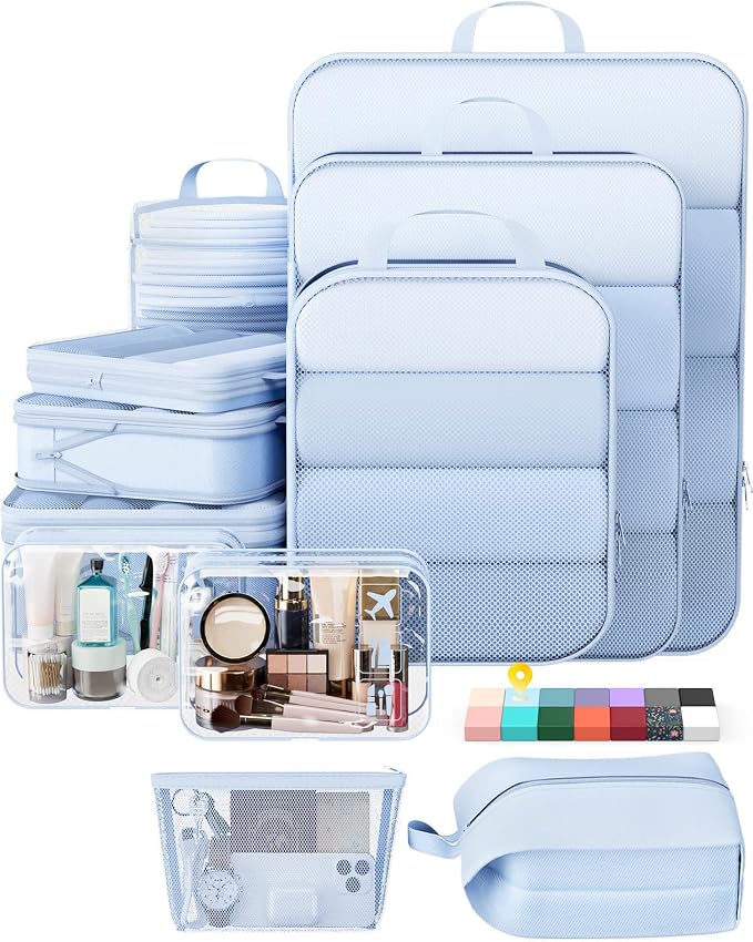 Veken 11 Set Compression Packing Cubes Garment Bags for Travel Essentials,Compressible Expandable Luggage Organizer Bags for Clothing,Space Saver Bags with Over 1000 pcs of Mesh Holes(Light Blue)