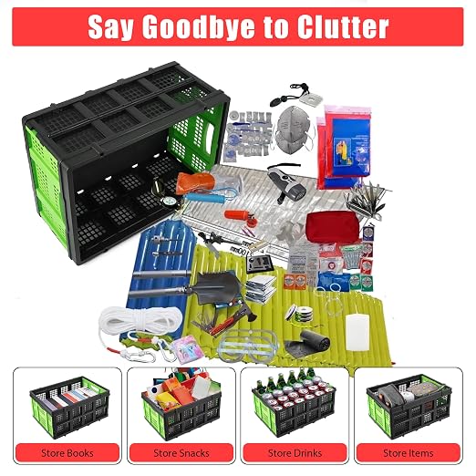 Garvee Collapsible Crate, 55L Foldable Plastic Milk Storage Crate, Green | Heavy Duty Stackable Plastic Crates Folding Storage Baskets for Groceries, Moving, Camping & Car Storage