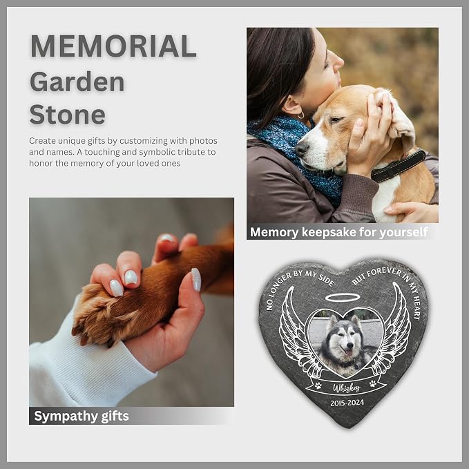 Wrappiness Pet Memorial Stone - No Longer by My Side Forever in My Heart, Personalized Dog Memorial Gifts, Remembrance Condolence Gifts for Loss of Pet Custom Photo (Heart 04, Stone with Stand)