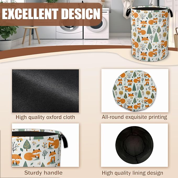 Laundry Basket Cute Fox Collapsible Laundry Baskets Waterproof Oxford Cloth With Handles,Forest Animal Laundry Hamper Clothes Storage Bucket Toy Organizer for Bathroom/Nursery/Bedroom 16" x 20.8"