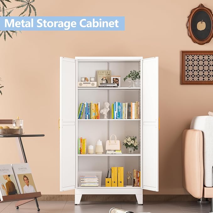 White Kitchen Pantry Cabinets, 48" Metal Storage Cabinet for Office | Steel Kitchen Pantry Storage with Doors and 3 Adjustable Shelves, for Office, Home, Garage, School