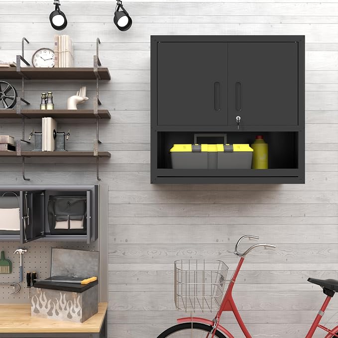 Garage Wall Cabinet with 2 Locking Doors and Shelf Metal Storage Cabinet | Wall Mounted Heavy Duty Steel Tool Cabinet Hanging Cabinet for Garage Warehouse Bathroom Kitchen,Assembly Required