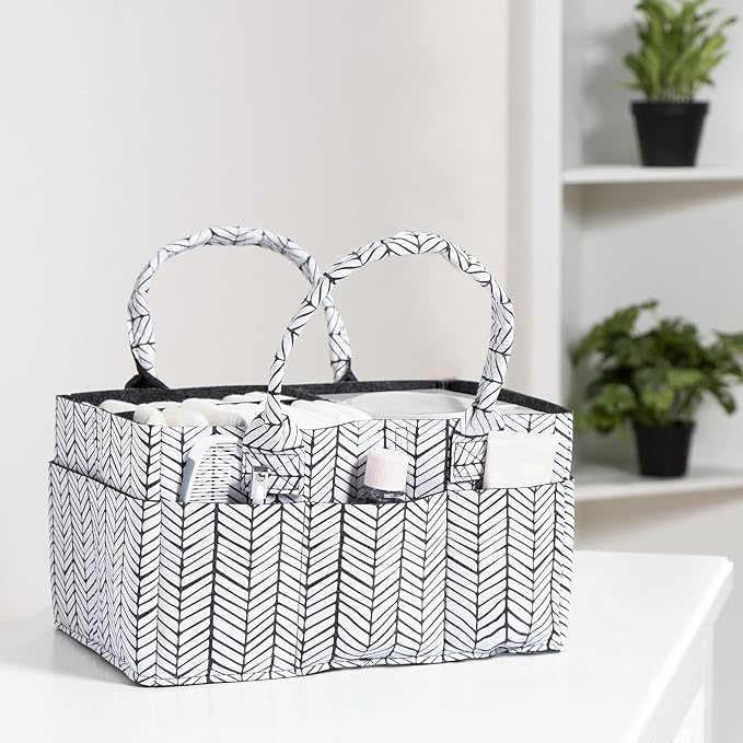 Sammy & Lou Diaper Caddy Organizer - Collapsible Tote Bag with Handles - Organizer for Diapers, Wipes & Baby Changing Supplies - Felt Storage Organizing Bin for Car, Desk, Nursery (Herringbone)